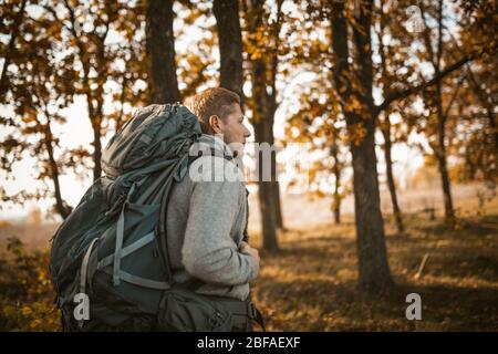 Viaggiatore a piedi lungo UN percorso forestale tra gli alberi Foto Stock