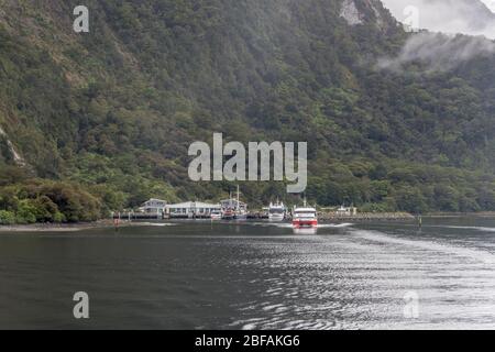 MILFORD SOUND, NUOVA ZELANDA - Novembre 21 2019: Paesaggio con molo di atterraggio per le navi passeggeri turistiche in località turistica, girato in nuvola luminosa Foto Stock