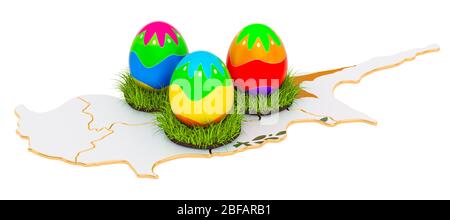 Vacanze di Pasqua a Cipro, uova di Pasqua sulla mappa di Cipro. Rendering 3D isolato su sfondo bianco Foto Stock