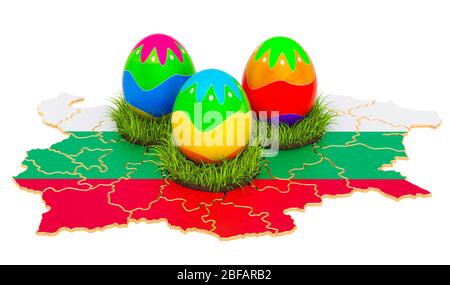 Vacanze di Pasqua in Bulgaria, uova di Pasqua sulla mappa bulgara. Rendering 3D isolato su sfondo bianco Foto Stock