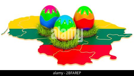 Vacanze di Pasqua in Lituania, uova di Pasqua sulla mappa lituana. Rendering 3D isolato su sfondo bianco Foto Stock