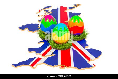 Vacanze di Pasqua nel Regno Unito, uova di Pasqua sulla mappa britannica. Rendering 3D isolato su sfondo bianco Foto Stock