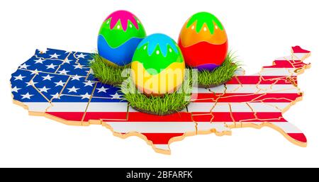 Vacanze di Pasqua negli Stati Uniti, uova di Pasqua sulla mappa americana. Rendering 3D isolato su sfondo bianco Foto Stock