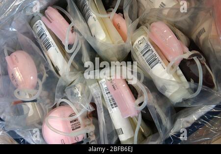 Sangue donato di fresco in sacchetti di conservazione pronti per essere trasportati in una banca centrale del sangue. Foto Stock