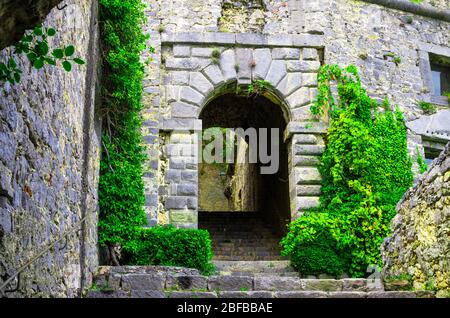 Muri in pietra, archi, scale, lampade e piante verdi dondeggianti dell'antica torre del Castello Doria a Portovenere, la Spezia, Liguria Foto Stock