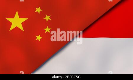 Due bandiere di stati della Cina e dell'Indonesia. Background aziendale di alta qualità. illustrazione 3d Foto Stock