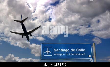 Aereo silhouette atterraggio a Santiago, Cile. Arrivo in città con cartello con direzione aeroporto internazionale e cielo blu sullo sfondo. Viaggio, viaggio A. Foto Stock