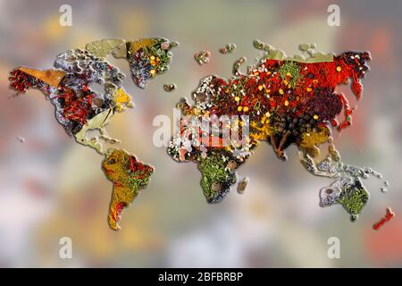 Mappa mondiale delle diverse spezie aromatiche su sfondo bianco. Collezione creativa Foto Stock