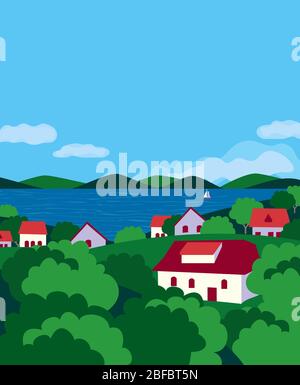 Estate rurale verde valle paesaggio piatto vettore colore Illustrazione Vettoriale