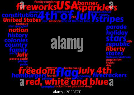 Stati Uniti d'America 4 luglio word cloud frame, bordo, in grassetto blu e rosso su uno sfondo nero Foto Stock