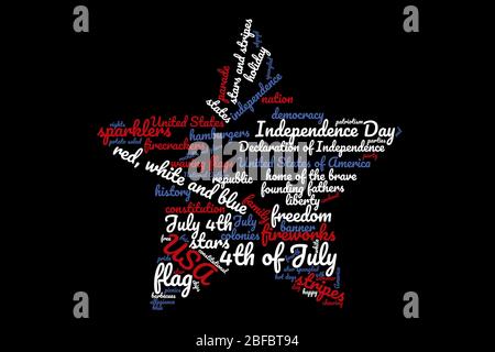 Nuvola di parole a forma di stella del giorno dell'indipendenza, rossa, bianca e blu su sfondo nero Foto Stock