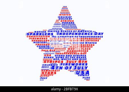 Independence Day, USA, nuvola di parole a forma di stella, rosso e blu su sfondo bianco nel testo del carattere di celebrazione Foto Stock