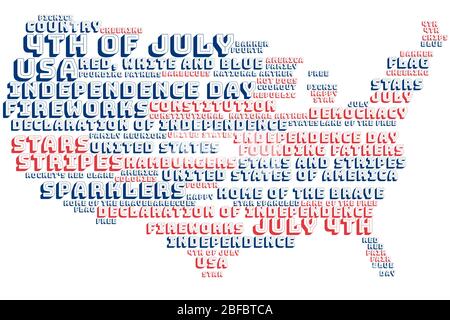 Independence Day, 4 luglio, word cloud grafica a forma di USA Foto Stock