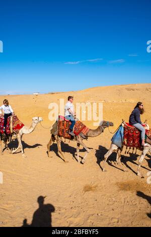 Una famiglia cavalca cammelli al complesso della Piramide di Giza, Giza, Egitto. Foto Stock