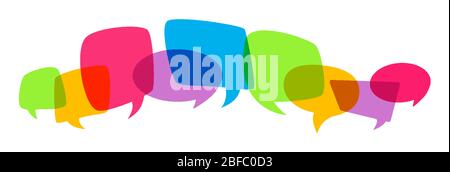 Sovrastampa varie silhouette a bolle vocali. Elementi di design vuoti e luminosi multicolore, icona delle nuvole di colore della finestra di dialogo. Blob sovrapposti, banner chat con bollature, modello di pagina. Illustrazione di vettori comici Illustrazione Vettoriale