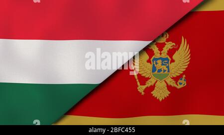 Due bandiere di stati dell'Ungheria e del Montenegro. Background aziendale di alta qualità. illustrazione 3d Foto Stock