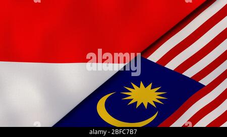Due bandiere di stati dell'Indonesia e della Malaysia. Background aziendale di alta qualità. illustrazione 3d Foto Stock