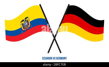 Ecuador e Germania bandiere incrociate e ondeggianti stile piatto. Proporzione ufficiale. Colori corretti. Foto Stock