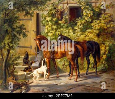 Cavalli al Porch - Albrecht Adam, 1843 Foto Stock