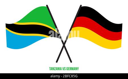 Le bandiere della Tanzania e della Germania hanno attraversato e ondulato lo stile piatto. Proporzione ufficiale. Colori corretti. Foto Stock