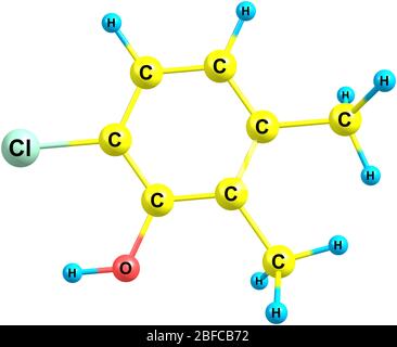 Il cloroxilenolo è un composto chimico antimicrobico ad ampio spettro utilizzato per controllare batteri, alghe, funghi e virus Foto Stock