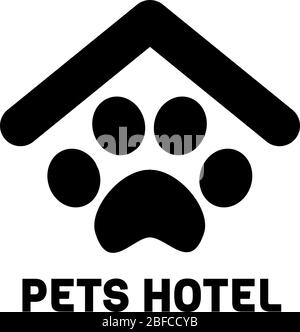 Animali domestici logo nero con testo isolato su sfondo bianco. Simbolo glifo icona vettore casa animale. Segnale Paw sotto il tetto elemento grafico. Forma semplice del Web. Illustrazione Vettoriale