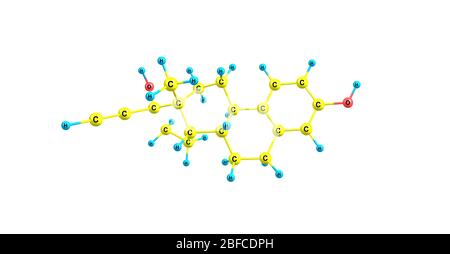 Molecola di Ethinyl Estradiol - contraccezione orale femminile su bianco Foto Stock