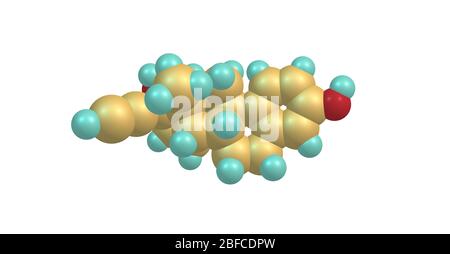 Molecola di Ethinyl Estradiol - contraccezione orale femminile su bianco Foto Stock