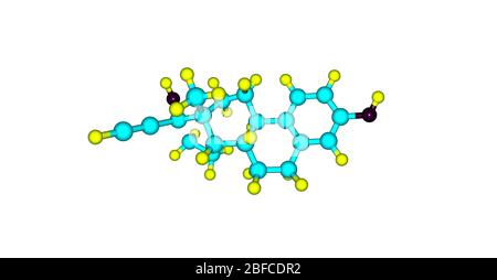 Molecola di Ethinyl Estradiol - contraccezione orale femminile su bianco Foto Stock