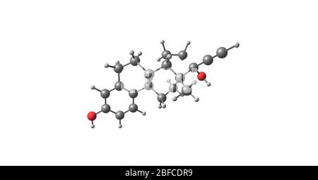 Molecola di Ethinyl Estradiol - contraccezione orale femminile su bianco Foto Stock