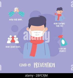 covid 19 infografica pandemica, prevenzione infezione malattia coronavirus suggerimenti vettore illustrazione Illustrazione Vettoriale
