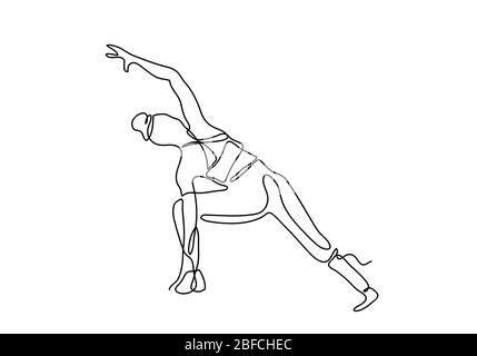 Disegno continuo a una o una linea. Donna che fa esercizio nello yoga isolato su sfondo bianco., Foto Stock