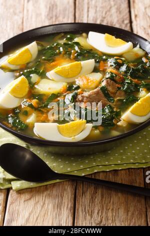 Zuppa verde fatta in casa con carne, spinaci, verdure e uova primo piano in una ciotola sul tavolo. Verticale Foto Stock