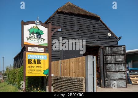 Hog's Back Brewery, un birrificio a conduzione familiare di birre e birre inglesi, nel Surrey, Inghilterra, Regno Unito Foto Stock