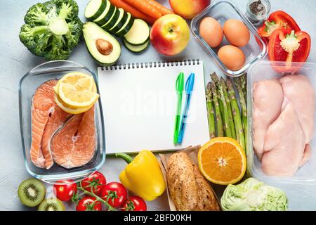 Dieta sana che mangia programma. Pianificazione dei pasti. Concetto di perdita di peso e dimagrimento. Vista dall'alto. Disposizione piatta Foto Stock