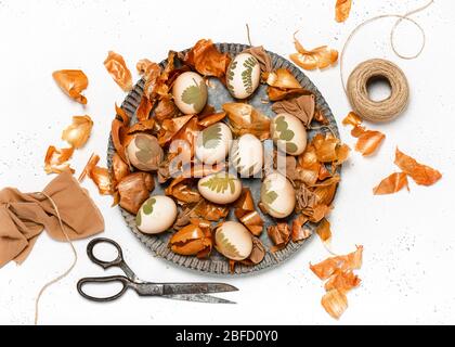 Preparazione delle uova di Pasqua per la colorazione in bucce di cipolla con un motivo di erbe fresche. Vista dall'alto. Foto Stock