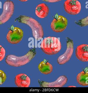 Verdure senza cuciture modello realizzato in acquerello con melanzane, mele e pomodoro Foto Stock