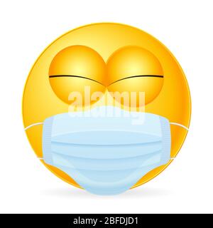 Emoticon su sfondo bianco con maschera medica. Illustrazione vettoriale. Foto Stock