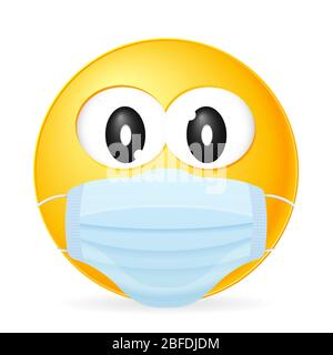 Emoticon su sfondo bianco con maschera medica. Illustrazione vettoriale. Foto Stock