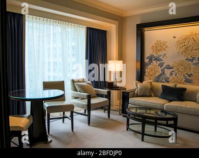 CHICAGO, ILLINOIS, STATI UNITI - DEC 12, 2015: Camera di lusso con letto e divano in hotel Chicago Grand e design elegante Foto Stock