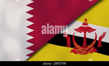 Due bandiere di stato del Qatar e del Brunei. Background aziendale di alta qualità. illustrazione 3d Foto Stock