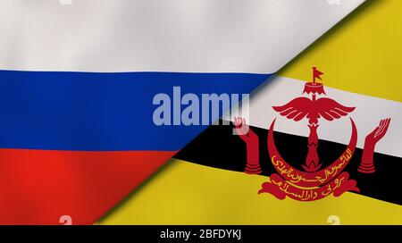 Due bandiere di stato della Russia e del Brunei. Background aziendale di alta qualità. illustrazione 3d Foto Stock
