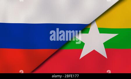 Due bandiere di stati della Russia e del Myanmar. Background aziendale di alta qualità. illustrazione 3d Foto Stock