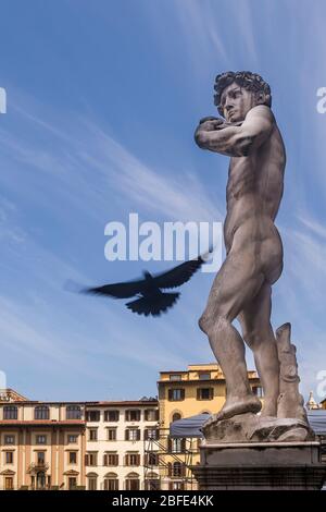 Un uccello volante passa accanto alla replica della famosa statua del David di Michelangelo, Piazza della Signoria, Firenze Foto Stock