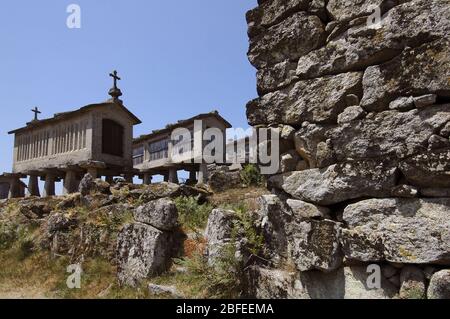 Antichi granai di granito costruiti sopra il terreno chiamato Espigueiros costruito fuori dal terreno per proteggere le colture alimentari da ratti e altri roditori nel villaggio di Lindoso al Parco Nazionale Parque Nacional da Peneda Geres nord del Portogallo Foto Stock