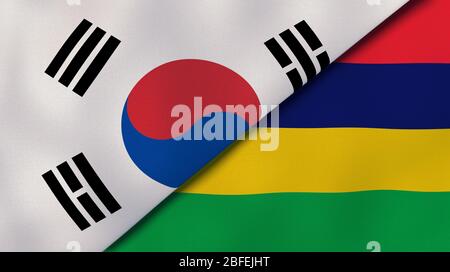 Due bandiere di stati della Corea del Sud e di Maurizio. Background aziendale di alta qualità. illustrazione 3d Foto Stock