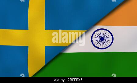 Due bandiere di stati della Svezia e dell'India. Background aziendale di alta qualità. illustrazione 3d Foto Stock
