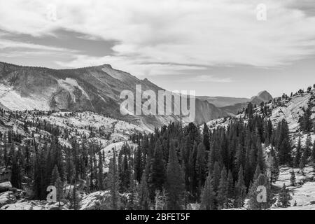 Vista da Olmsted Point dell'ambiente naturale del Parco Nazionale di Yosemite con la Half Dome sullo sfondo Foto Stock
