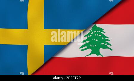 Due bandiere di stati della Svezia e del Libano. Background aziendale di alta qualità. illustrazione 3d Foto Stock