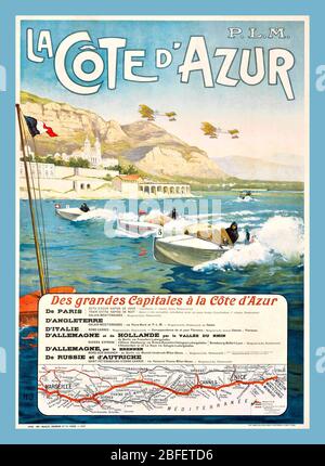 Poster di viaggio d'epoca LA COTE D'AZUR France PLM Ferrovie francesi linee ferroviarie per la litografia mediterranea a colori, 1912, stampato da Maulde, Doumenc et Cie, Parigi, Foto Stock